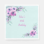 Blauwgroen en Paarse Waterverf Flowers 90th Servet (Voorkant)