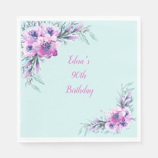 Blauwgroen en Paarse Waterverf Flowers 90th Servet (Voorkant)