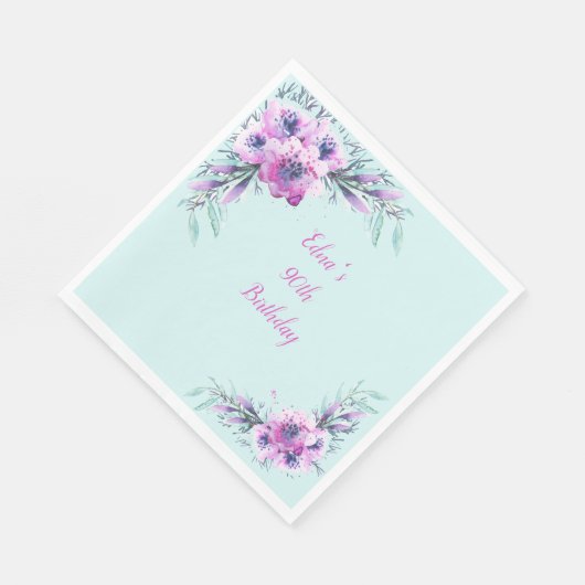 Blauwgroen en Paarse Waterverf Flowers 90th Servet (Hoek)