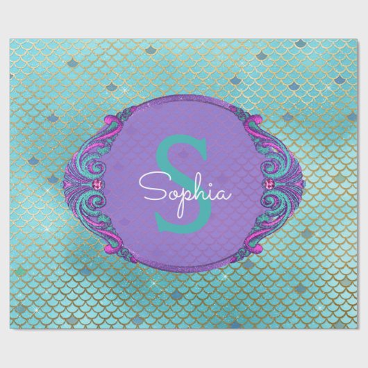 Blauwgroen en Paarse Zeemeermin Schalen Monogram V Cadeaupapier (Vlak)