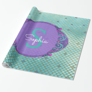 Blauwgroen en Paarse Zeemeermin Schalen Monogram V Cadeaupapier