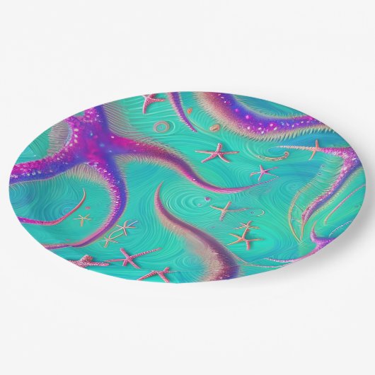 Blauwgroen en Paarse zeesterren strand Papieren Bordje (Gekanteld)