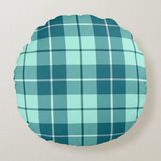 Blauwgroen en pastel Blauwgroen Tartan Plaid Rond Kussen (Voorkant)