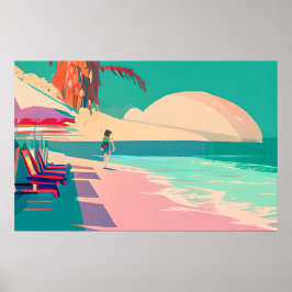 Blauwgroen en Peach Beach Abstracte AI Art Poster