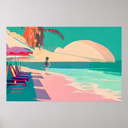 Blauwgroen en Peach Beach Abstracte AI Art Poster (Voorkant)