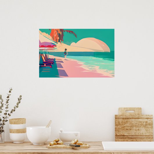 Blauwgroen en Peach Beach Abstracte AI Art Poster (Keuken)