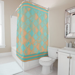 Blauwgroen en Peach Quatrefoil patronen Douchegordijn