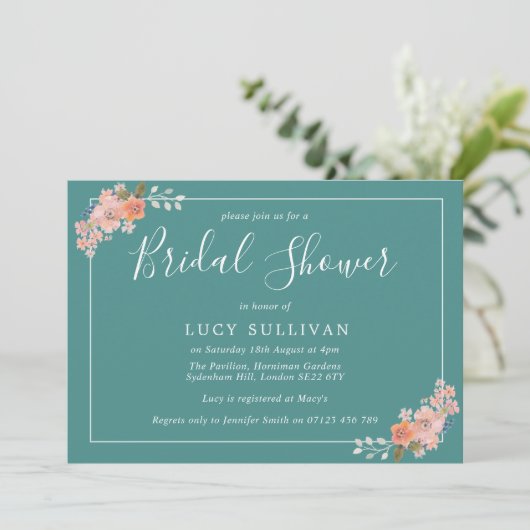 Blauwgroen en Peach Waterverf Floral Vrijgezellenf Kaart (Staand voorkant)