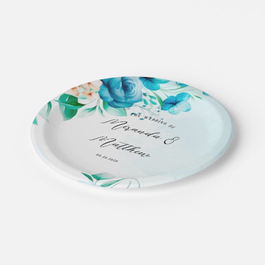 Blauwgroen en Peach Waterverf Floral Wedding Papieren Bordje (Gekanteld)