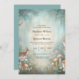 Blauwgroen en perzik betoverde bos bruiloft kaart