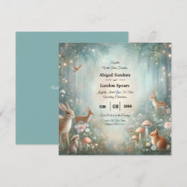 Blauwgroen en perzik betoverde bos bruiloft kaart