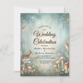 Blauwgroen en perzik betoverde bos bruiloft kaart (Voorkant)