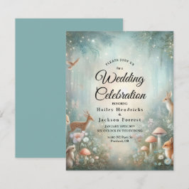 Blauwgroen en perzik betoverde bos bruiloft kaart