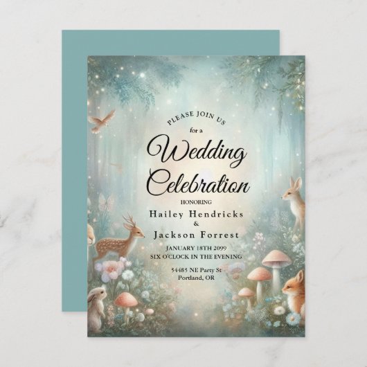 Blauwgroen en perzik betoverde bos bruiloft kaart (Voorkant / Achterkant)