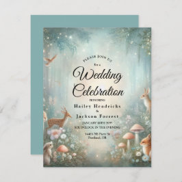 Blauwgroen en perzik betoverde bos bruiloft kaart