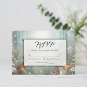 Blauwgroen en perzik betoverde bos bruiloft RSVP kaartje (Staand voorkant)