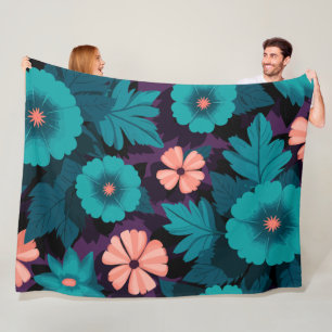 Blauwgroen en perzik bloemenpatroon op Paarse acht Fleece Deken