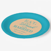 Blauwgroen en perzik kleur trendy papier bruiloft papieren bordje (Gekanteld)