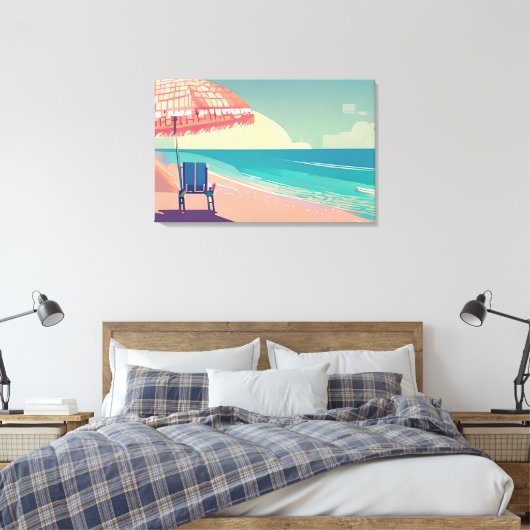 Blauwgroen en Perzik Strand Blauw Water Stoel en P Canvas Afdruk (Insitu (Slaapkamer))