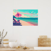 Blauwgroen en Perzik Strand, Stoel en Paraplu Poster (Keuken)