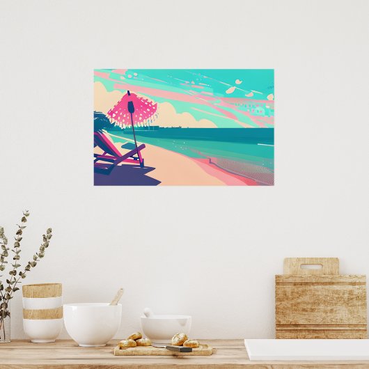 Blauwgroen en Perzik Strand, Stoel en Paraplu Poster (Keuken)