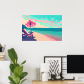 Blauwgroen en Perzik Strand, Stoel en Paraplu Poster (Thuiskantoor)