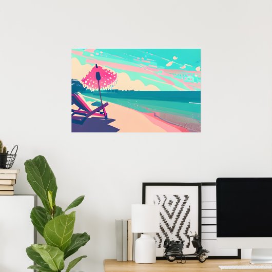 Blauwgroen en Perzik Strand, Stoel en Paraplu Poster (Thuiskantoor)