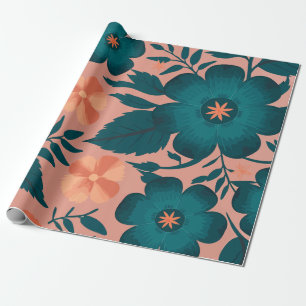 Blauwgroen en perzikbloemen op een zachte roze ach cadeaupapier