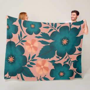 Blauwgroen en perzikbloemen op een zachte roze ach fleece deken
