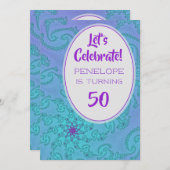 Blauwgroen en Plum Fractal Floral Pattern 50th Bir Kaart (Voorkant / Achterkant)