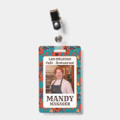 Blauwgroen en Red Floral Local Cafe Restaurant Badge (Voorzijde met clip)