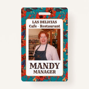 Blauwgroen en Red Floral Local Cafe Restaurant Badge