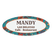 Blauwgroen en Red Floral Local Cafe Restaurant Naambadge (Voorkant)