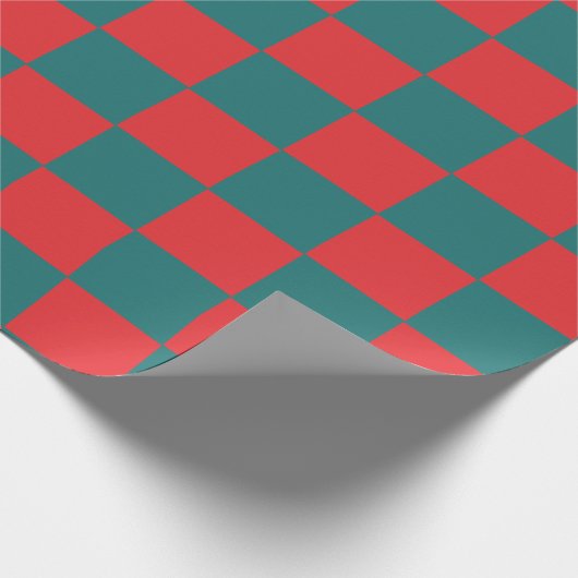 Blauwgroen en rode damplankwadraten cadeaupapier (Hoek)