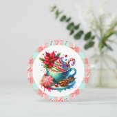 Blauwgroen en rode hete cacao en snoepriet kerst feestdagenkaart (Staand voorkant)