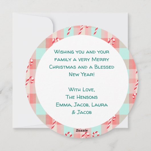 Blauwgroen en rode hete cacao en snoepriet kerst feestdagenkaart (Achterkant)