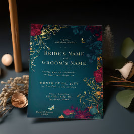 Blauwgroen en rode juwelton Floral Folie Folie Uitnodiging