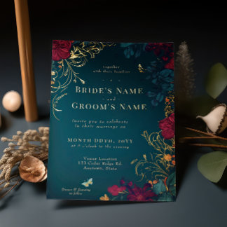 Blauwgroen en rode juwelton Floral Folie Folie Uitnodiging