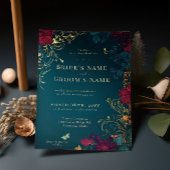 Blauwgroen en rode juwelton Floral Folie Folie Uitnodiging