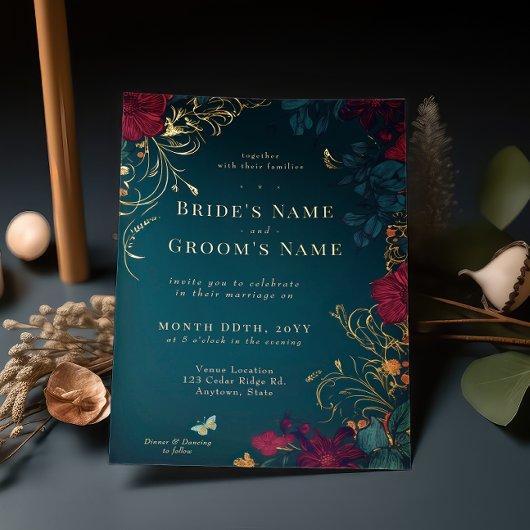Blauwgroen en rode juwelton Floral Folie Folie Uitnodiging