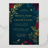Blauwgroen en rode juwelton Floral Folie Folie Uitnodiging (Voorkant)
