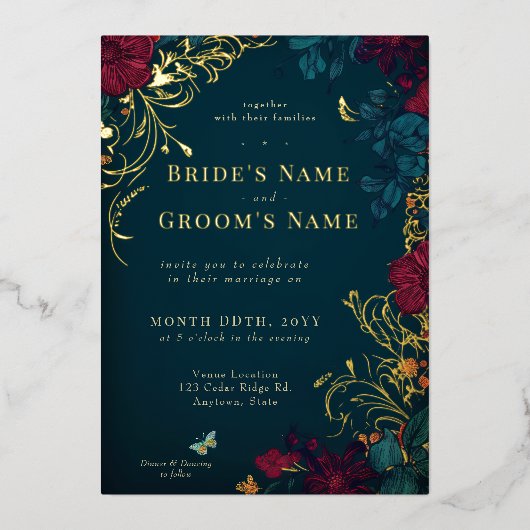 Blauwgroen en rode juwelton Floral Folie Folie Uitnodiging (Voorkant)