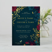 Blauwgroen en rode juwelton Floral Folie Folie Uitnodiging (Staand Voorkant)