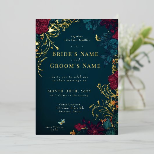 Blauwgroen en rode juwelton Floral Folie Folie Uitnodiging (Staand Voorkant)