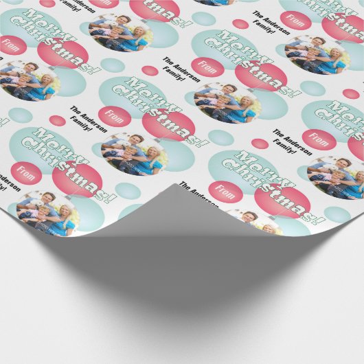 Blauwgroen en rode kerstfoto Bauble Cadeaupapier (Hoek)