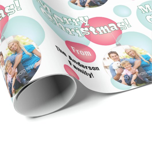 Blauwgroen en rode kerstfoto Bauble Cadeaupapier (Rol Hoek)