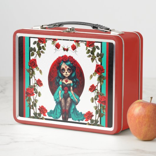 Blauwgroen en rode rozen Sugar Skulls (In situ)