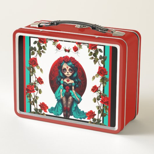 Blauwgroen en rode rozen Sugar Skulls (Achterkant)