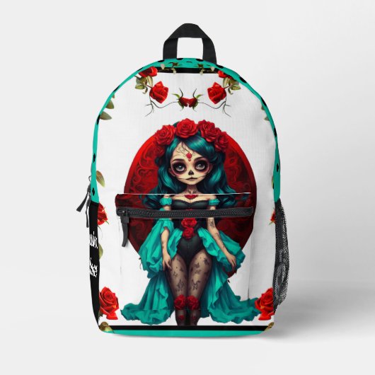 Blauwgroen en rode rozen Sugar Skulls Bedrukte Rugzak (Voorkant)