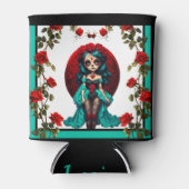 Blauwgroen en rode rozen Sugar Skulls Blikjeskoeler (Voorkant)